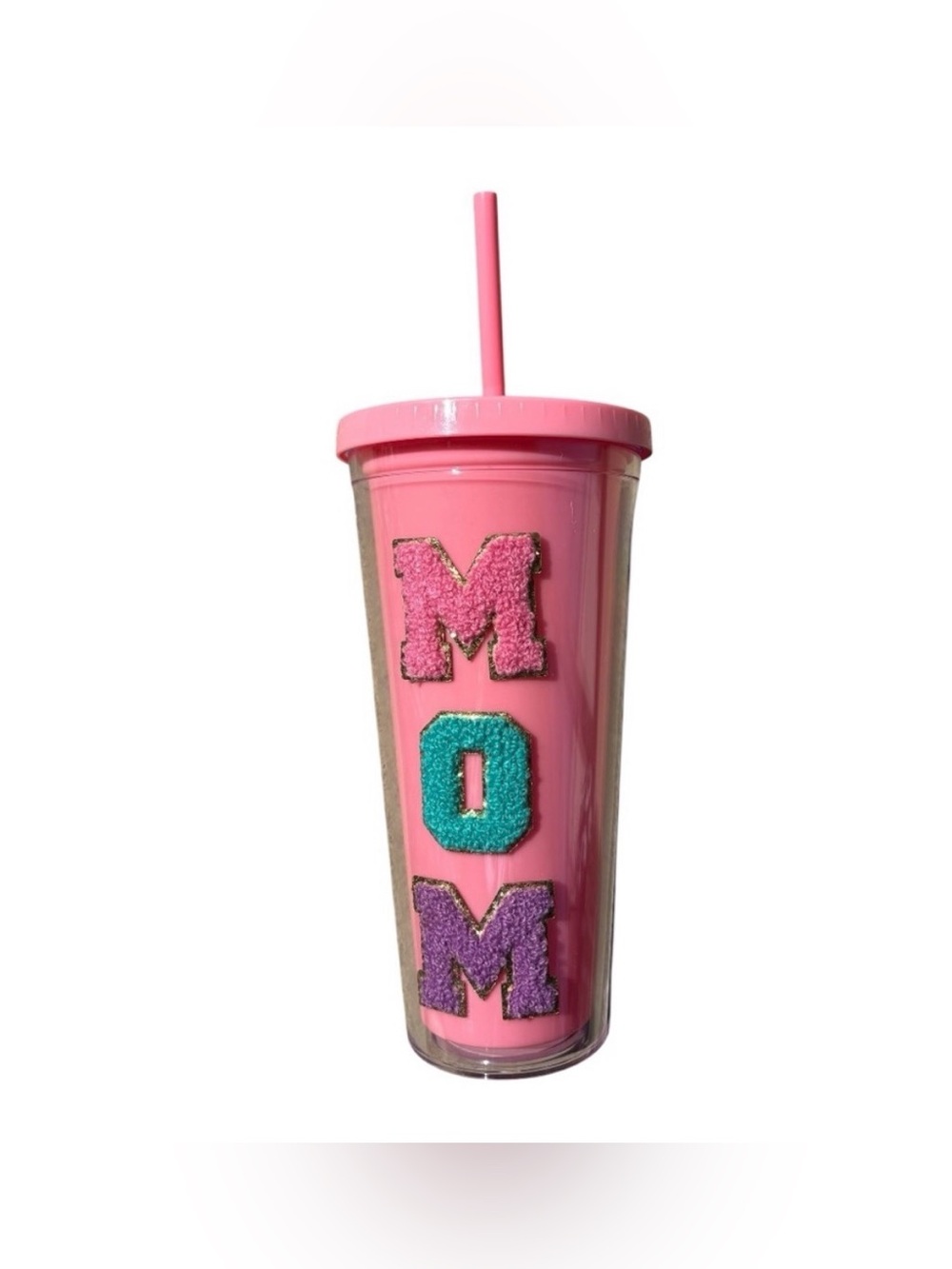 Pink MOM Glitter Tufted Letter Tumbler with Straw - Pink